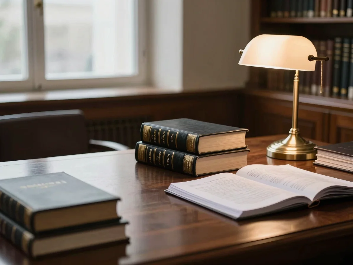 Wide editorial still life of a quiet legal library desk: closed l