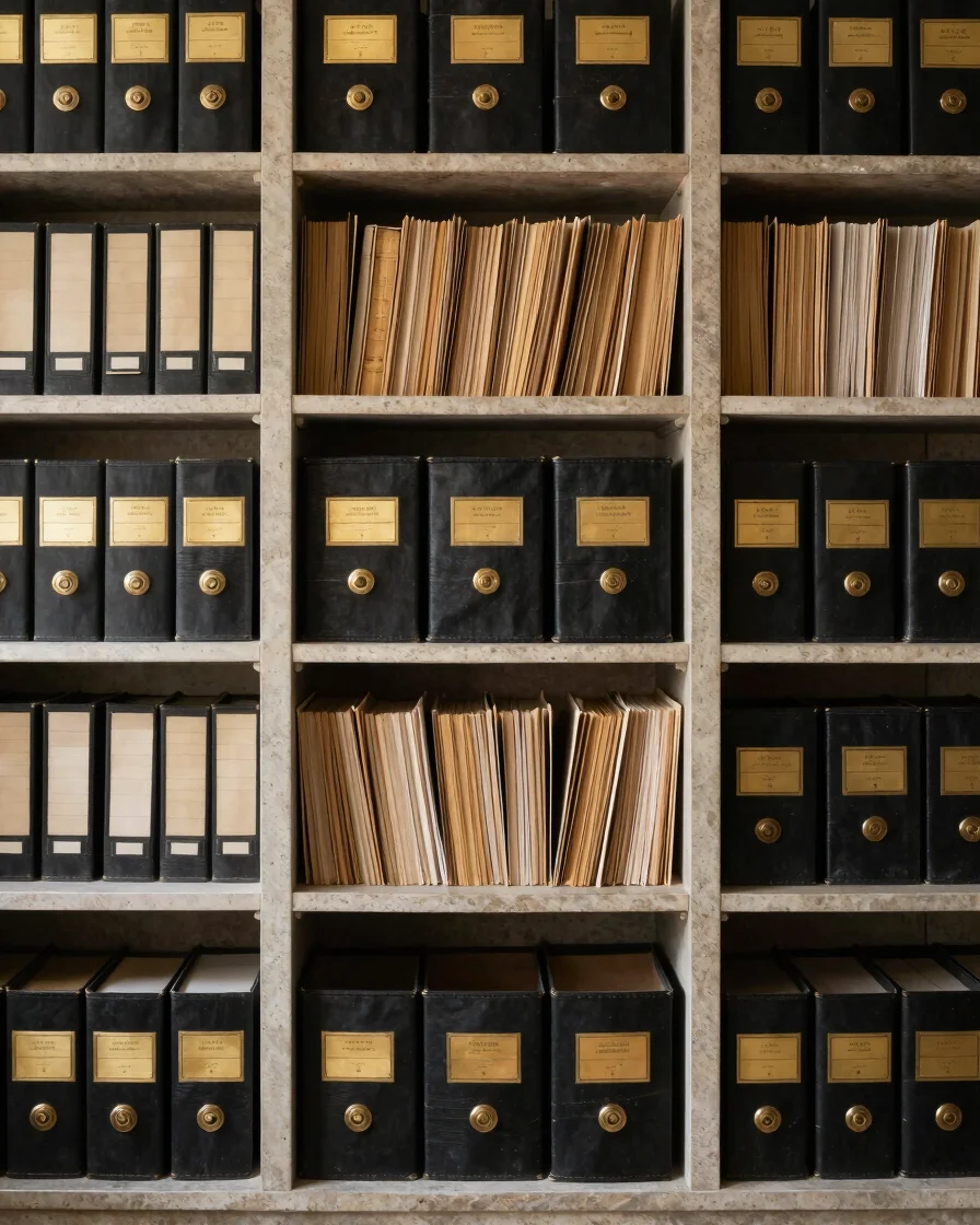Landscape editorial photograph of an organized legal archive: rows of archival boxes and indexed folders on warm stone s