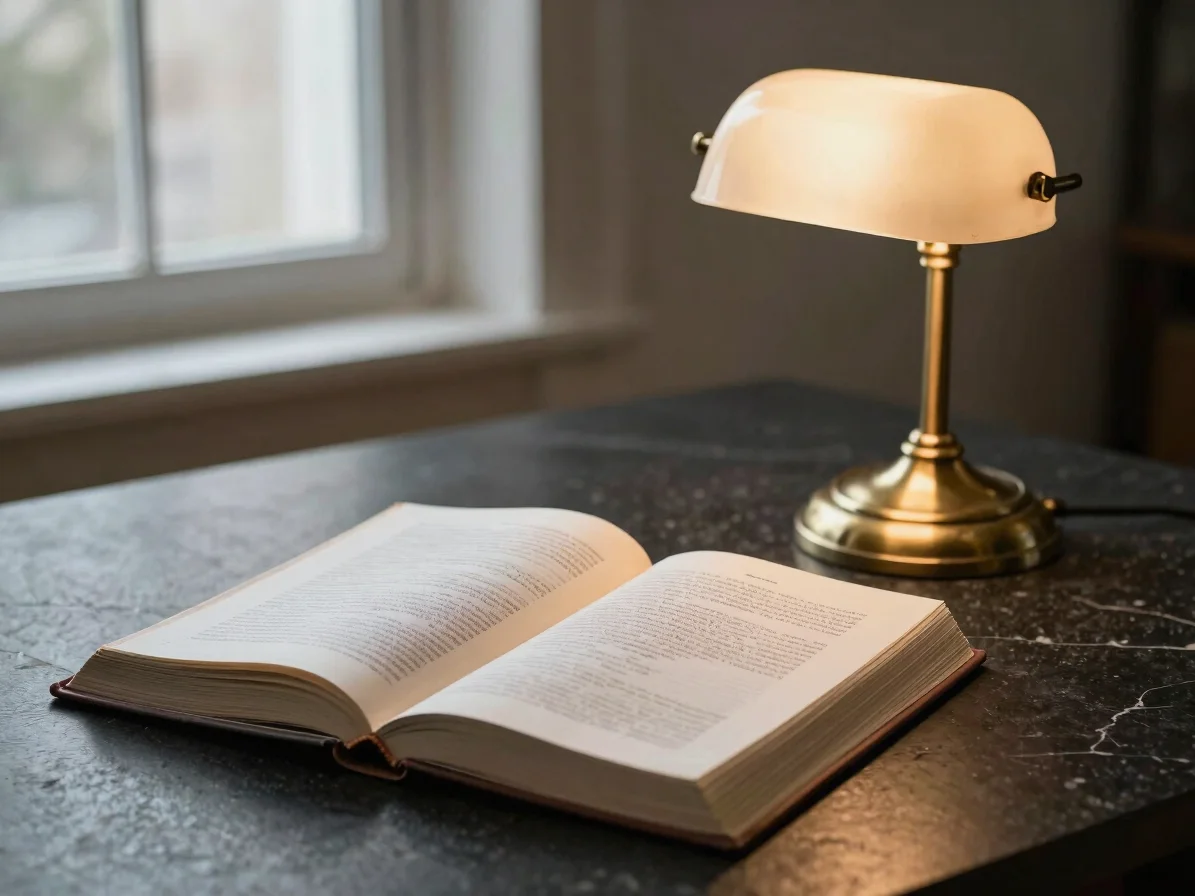 Editorial still life of an open legal research volume and a brass reading lamp on dark stone desk, soft window light, go