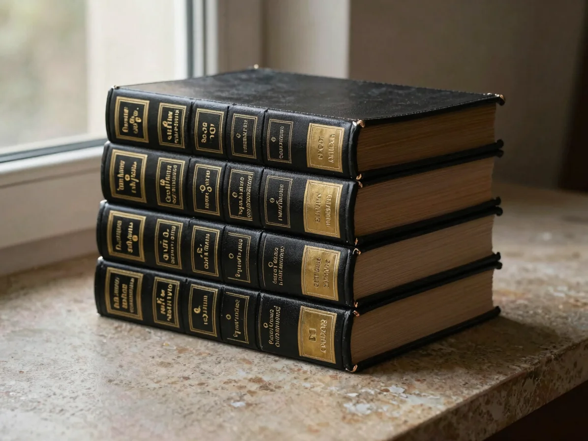 Close editorial detail of an unreadable stack of bound legal stud