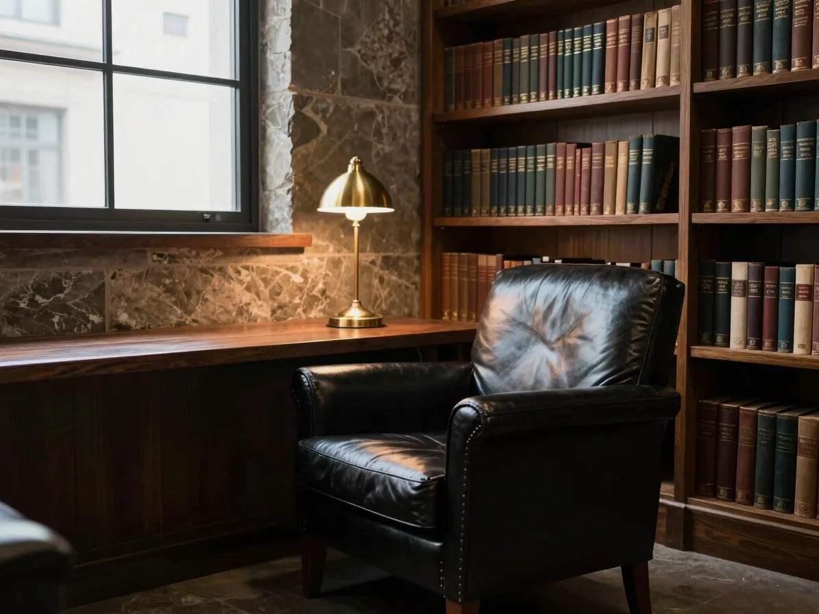 Quiet law library reading alcove with leather armchair and brass
