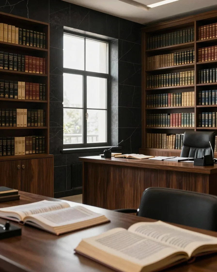Editorial photograph of a calm modern Arabic law office library,